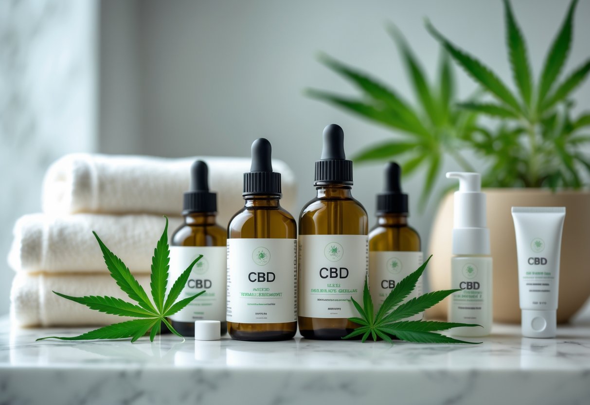 A clean skincare setup with amber dropper bottles, natural jars, and green hemp leaves on a white countertop with a blurred spa background.