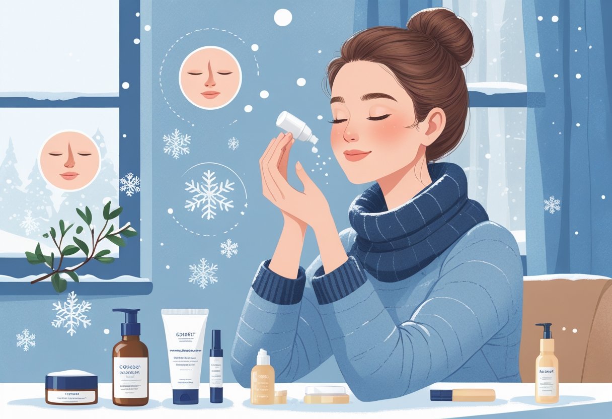 A woman applying moisturizer indoors by a window with snow outside, surrounded by skincare products and visual elements representing winter skin concerns.
