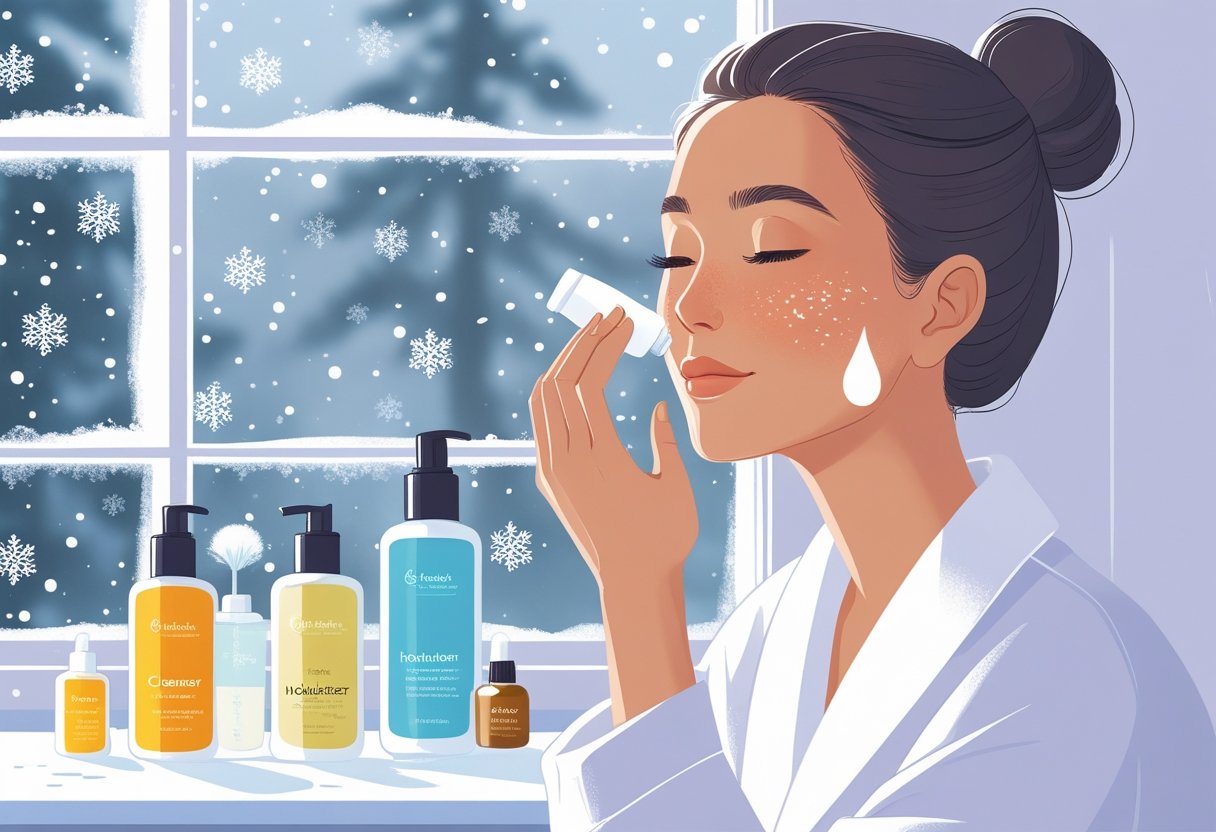 A person applying moisturizer on their face in a bathroom with skincare products on the counter and snow visible outside the window.